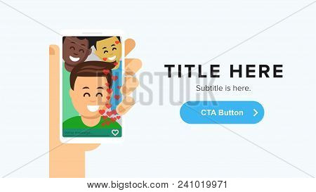 Landing Page Template. Commmunication People, Video Call Concept. Human Hand Holding Phone And Talki