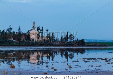 Hala Sultan Tekke And Reflection On Larnaca Salt Lake In Cyprus
