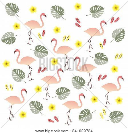 Pink Flamingo Seamless Pattern On White Background. Perfect For Banners, Cards, Fabric And Decor. Ve