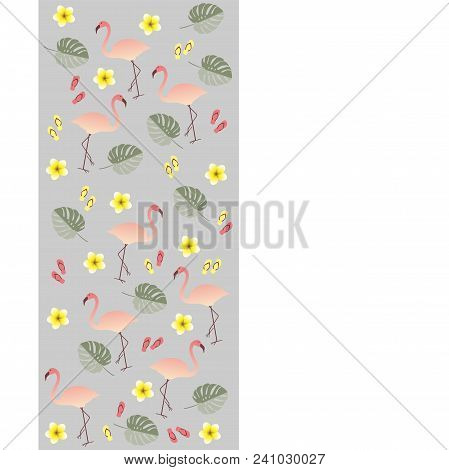 Vector Art Pink Flamingo, Monstera Leaf, Flowers Seamless Pattern On Gray Background. Perfect For Ba