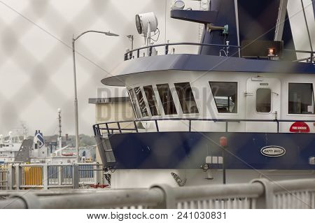 New Bedford, Massachusetts, Usa - May 15, 2018: Pilothouse Of Fishing Vessel Sea Watcher Ii Looms As