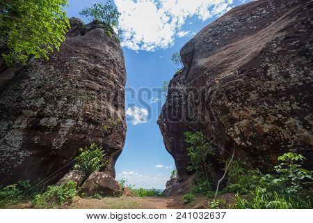 Beautiful Scenery Of The Sandstone Gate In The Jungle With Blue Sky Background, Phu Sing, Bueng Kan,