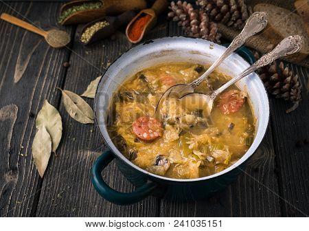 Slovak National Christmas Cabbage Soup With Mushrooms On Natural Background.