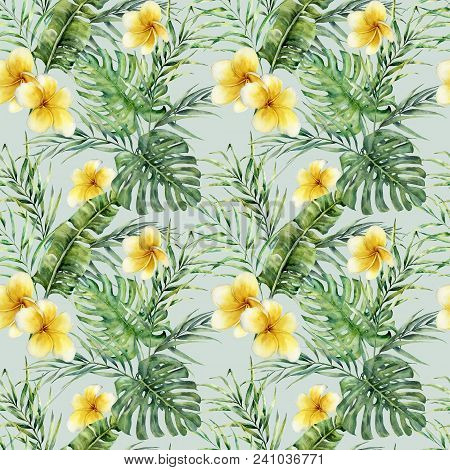 Watercolor Plumerial And Palm Leaves Pattern. Hand Painted Tropical Frangipani With Monstera And Pal