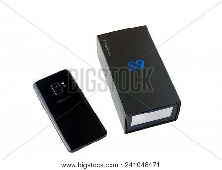 March 2018. Samsung Galaxy S9 Close-up On A White Background. A New Smartphone From Samsung And A Bo