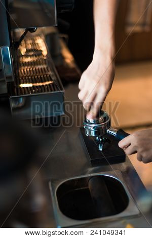 Barista Hand Make Baverage From Coffee Machine In Coffee Shop, Vintage Filter