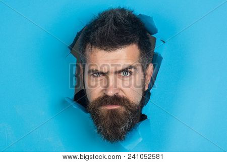 Male Head Looking Through Paper Hole. Portrait Serious Man Peeping Through Blue Paper Hole. Handsome