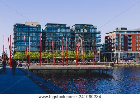 Dublin, Ireland - May 16th, 2018: Grand Canal Square In The Renewed Area Of The Docklands With Moder
