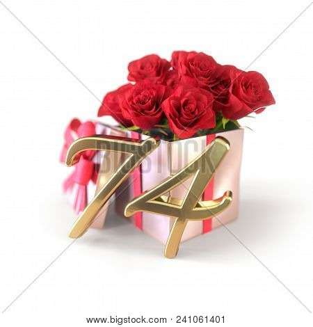 Birthday Concept With Red Roses In Gift Isolated On White Background. 3d Render - Seventy-fourth. 74