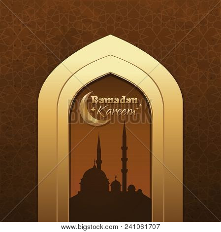 Greeting Card For Ramadan. Islamic Design With Crescent Moon, Mosque, And Traditional Islamic Greeti