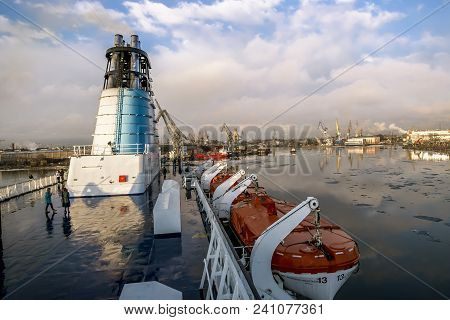 Saint-petersburg.russia.6 April 2018.view Of Cranes And Ships In The Sea Cargo Port Of St. Petersbur