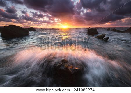Wave Splashing In A Rock At Barrika Beach