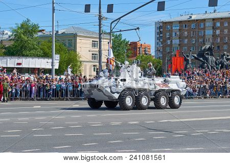 Moscow, May, 9, 2018: Great Victory Holiday Parade Of Russian Military Battle Wheel Vehicle Btr-82a 