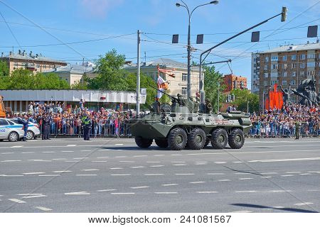 Moscow, May, 9, 2018: Great Victory Holiday Parade Of Russian Military Tank Vehicles  Btr-82a For Tr