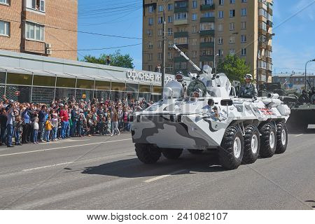 Moscow, May, 9, 2018: Great Victory Holiday Parade Of Russian Military Battle Wheel Vehicle Btr-82a 