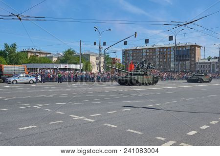 Moscow, May, 9, 2018: Great Victory Holiday Parade Of Russian Military Vehicles. Tanks On City Stree