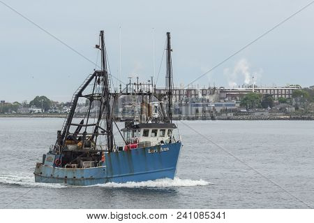 New Bedford, Massachusetts, Usa - May 17, 2018: Commercial Fishing Vessel Lori Ann Crossing New Bedf