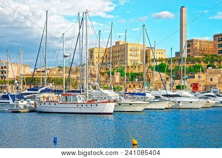 Motor Boats And Msida Marina On Malta Island