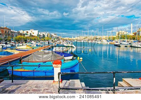 Motor Boats At Msida Marina Harbor On Malta Island