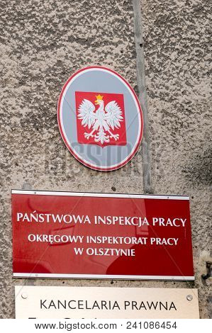 Olsztyn, Poland - May 1, 2018: Logo And Sign Of National Labour Inspectorate (polish: Panstwowa Insp