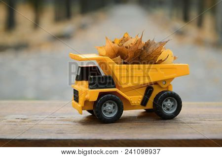 The Concept Of Seasonal Harvesting Of Autumn Fallen Leaves Is Depicted In The Form Of A Toy Yellow T