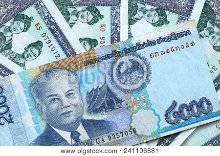 Close Up Of Laos Money Kip Banknotes