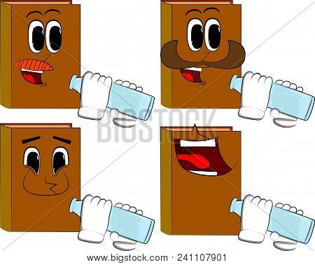 Books Drinkig Water From A Glass Bottle. Cartoon Book Collection With Happy Faces. Expressions Vecto