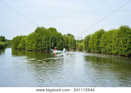 Mangrove Forest With Fishing Boat In Ca Mau Province, Mekong Delta, South Of Vietnam