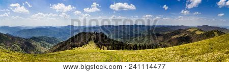 The Panormic View Of Landscape Of The Carpathian Mountains From Peak Of Parashka Mount, National Par