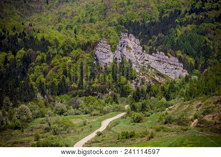 Aerial View Of Ukrainian Village Urych Near The Place Of Tustan Fortress - A Medieval Cliff-side For