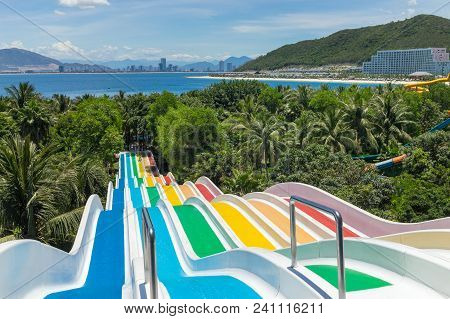Chilren Water Slides In Aqua Park By The Sea