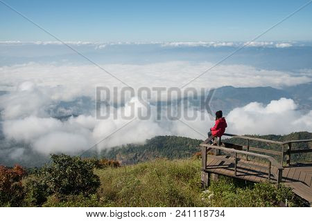 The Girl Sitting On The Terraces Of Kiw Mae Pan Boardwalk For Looking The Beautiful Scenery View Of 