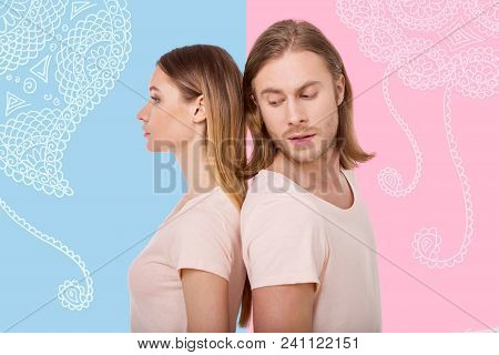 Close People. Young Curious Sensitive Man Turning His Head And Trying To Looking At His Calm Wife Wh