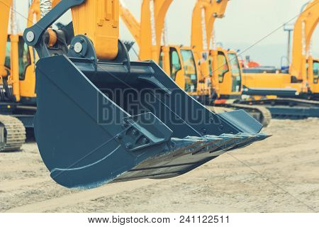 Excavator Bucket Close-up. Heavy Scoop Of A New Excavator
