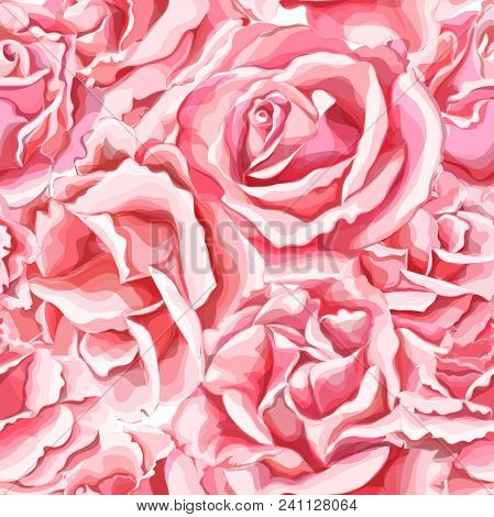Vector Realistic Hand Drawn Rose Flower Blossom Blooming Seamless Pattern. Textie Vintage Watercolor
