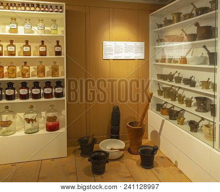 Hofstetten Bei Brienz, Switzerland - April 2017: Drugstore Of Once Upon A Time In Ballenberg Open Ai