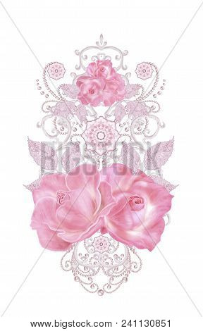 Decorative Decoration, Paisley Element, Delicate Textured Silver Leaves Made Of Fine Lace And Pearls
