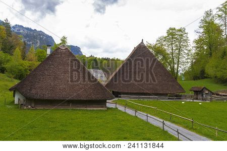 Hoffstetten Bei Brienz, Switzerland - April 2017: Triangle Huts Of Once Upon A Time In Ballenberg Op