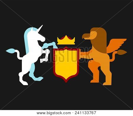 Griffin And Unicorn Shield Heraldic Symbol. Sign Animal For Coat Of Arms. Vector Illustration