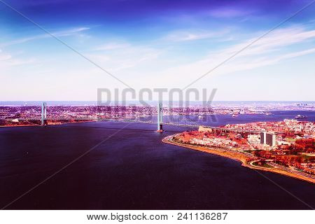 Aerial View On Verrazano Narrows Bridge And Narrows. It Connects Brooklyn And Staten Island. Narrows