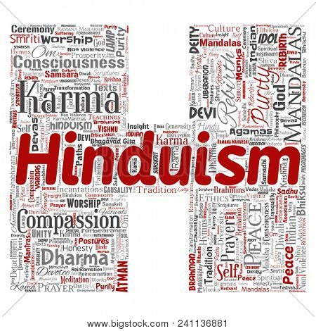 Conceptual hinduism, shiva, rama, yoga letter font H red word cloud isolated background. Collage of mandalas, samsara, celebration, tradition, peace, compassion, rebirth, karma, dharma concept