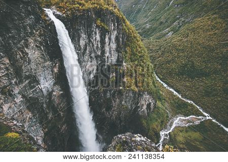 Waterfall Vettisfossen Landscape Aerial View In Norway Rocky Mountains Travel Serene Scenery Wild Na