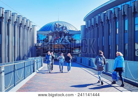 Druskininkai, Lithuania - May 1, 2017: People At The Entrance Into Aqua Park In Druskininkai, In Lit