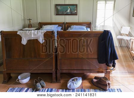 Hofstetten Bei Brienz, Switzerland - April 2017: Bedroom Of Once Upon A Time In Ballenberg Open Air 