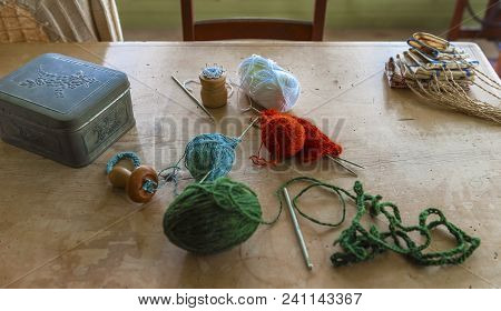 Hofstetten Bei Brienz, Switzerland - April 2017: Knitting Set In Ballenberg Open Air Museum