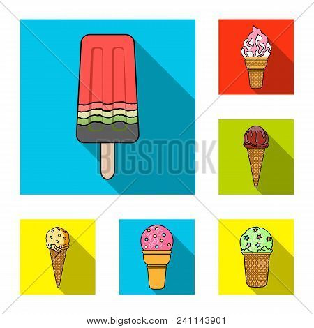 Different Ice Cream Flat Icons In Set Collection For Design. Dessert And Sweetness Vector Symbol Sto