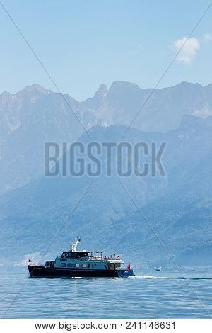 Lausanne, Switzerland - August 26, 2018: Ferry At Lake Geneva In Lausanne, Switzerland. People On Th