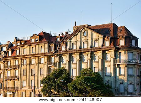 Lausanne, Switzerland - August 26, 2018: Old Building In Le Flon District In Lausanne, Switzerland.