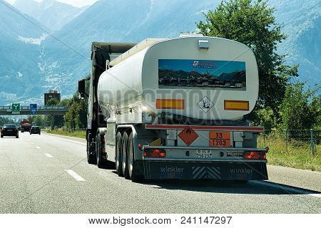 Valais, Switzerland - August, 25, 2016: Truck Cistern On The Road In Valais Canton, Switzerland.