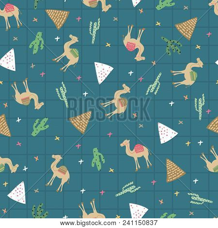 Camel, Cactus, Pyramid In Abstract Blue Square. A Playful, Modern, And Flexible Pattern For Brand Wh